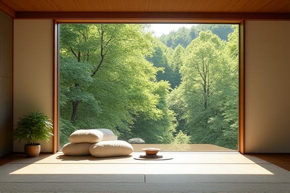 豊かな森を見下ろす大きな窓があるモダンな旅館の部屋