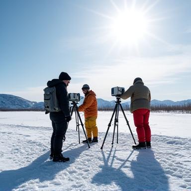 雪に覆われた北海道の畑で測量機器を操作する調査チーム