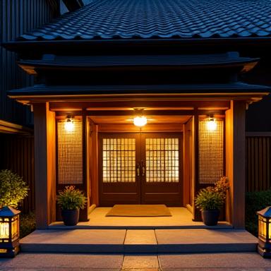 美しくライトアップされた改装された京都の旅館の伝統的な入り口