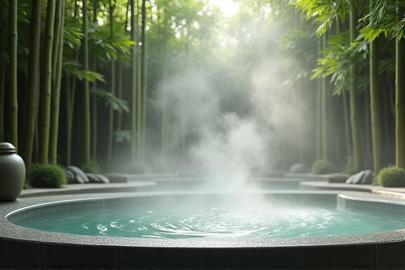 竹を背景に湯気が立ち上る優雅にデザインされた露天風呂