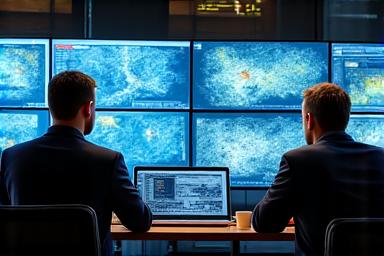 巨大スクリーンで地質データを確認するエンジニアたち